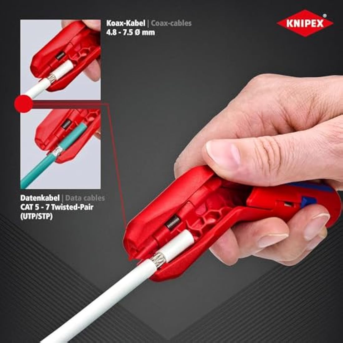 KNIPEX Ergostrip Universal Stripping Tool for Right-Handers, 135 mm, Round Cable, Coax Cables, Data Cables, Wire Stripper, 16 95 01 SB