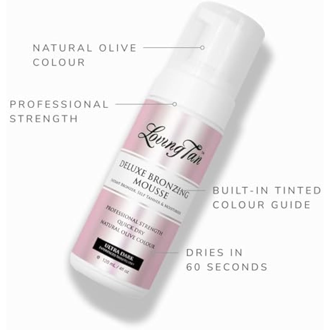 Loving Tan Deluxe Bronzing Mousse, Ultra Dark - Streak Free, Natural looking, Professional Strength Sunless Tanner- Up to 5 Self Tan Applications per Bottle, Cruelty Free, Naturally Derived DHA- 120ml