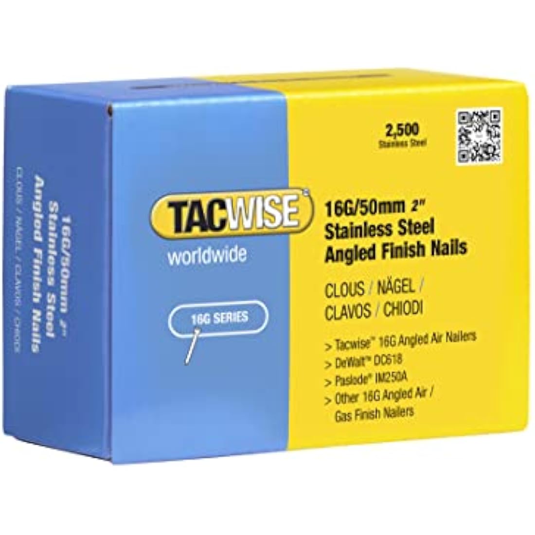 Tacwise 1225 Type 160/50mm 16G Stainless Steel Angled Finish Nails for Nail Gun (1000), Silver, 2500 Count (Pack of 1)