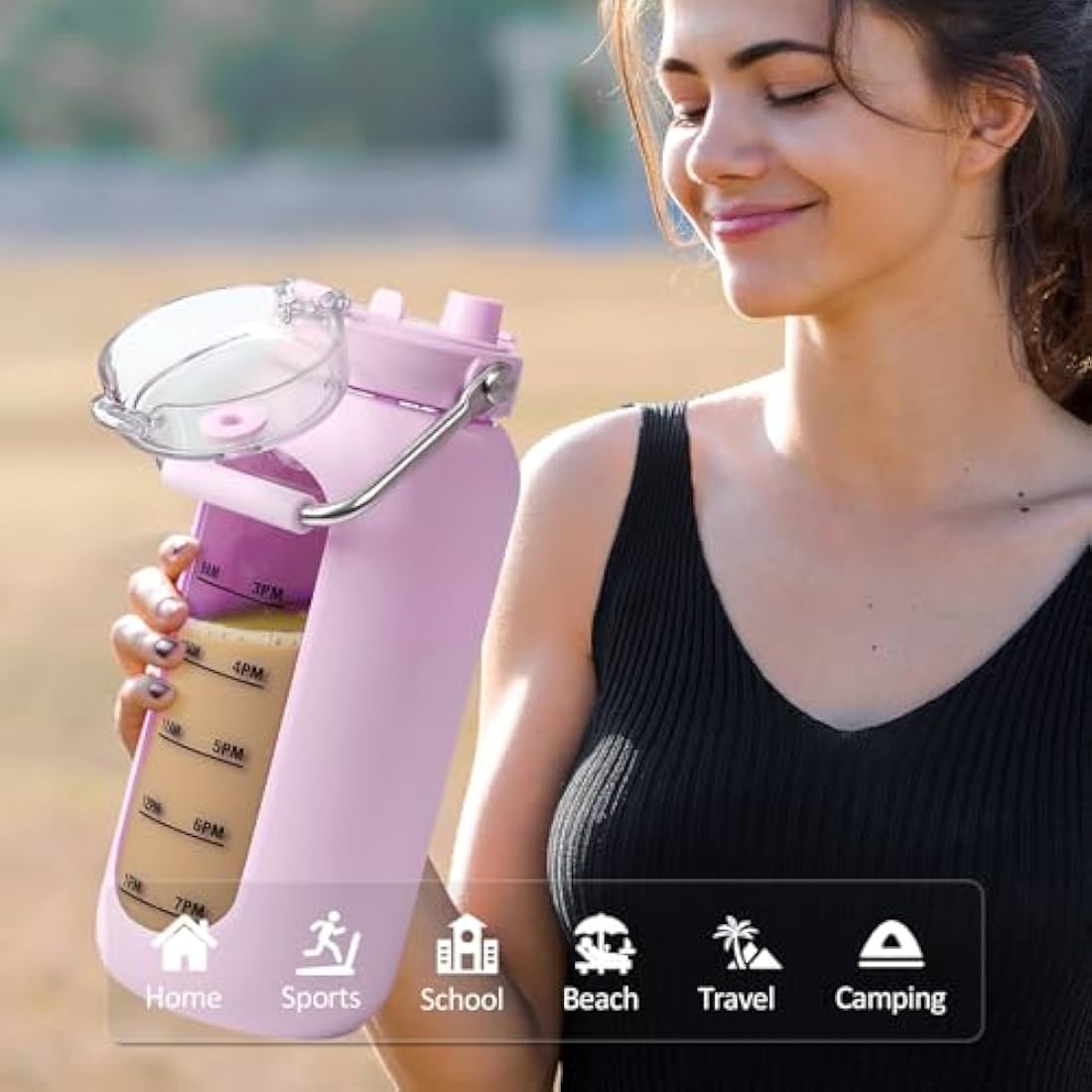 BLUEGO 2000ml Borosilicate Glass Water Bottle with Stainless Handle and Time Marker 2L Drinking Bottle with Silicone Sleeve and Straw for Gym Office Outdoor Sports Water Bottles BPA Free, Purple