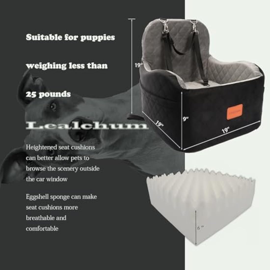 Lealchum Dog Booster Car Seat for Small/Medium Dogs,Puppy Portable Seat for Car with Elevated Cushion,Fully Detachable and Washable Pet Seat with Storage Pockets,Easy to Install (Black/Grey, Medium)