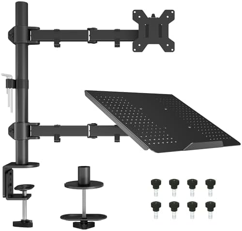 BONTEC Monitor Arm with Laptop Tray, Laptop Desk Mount for 13-27 Inch Screen and 17 Inch, Height Adjustable Full Motion VESA Mount, Tilt Swivel 360° Rotation, Cable Management Included