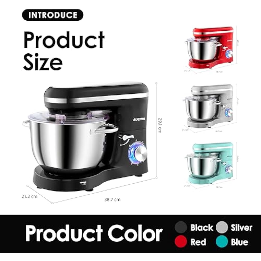Aucma Stand Mixer, 6.2L Food Mixers for Baking, Electric Kitchen Mixers with Bowl, Dough Hook, Wire Whip & Beater (6.2L, Black)
