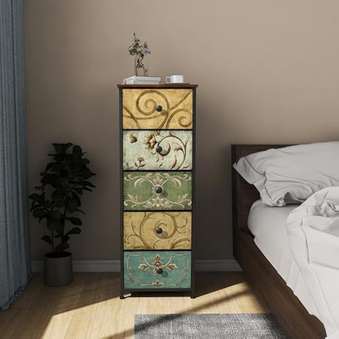 VEDECASA Narrow Tall Chest of Drawers 5 Fabric Drawer Dresser for Bedroom Slim Storage Tower Organizer Unit for Living Room Bedroom Closet Entryway Wood Board Sturdy Metal Frame Easy to Assemble