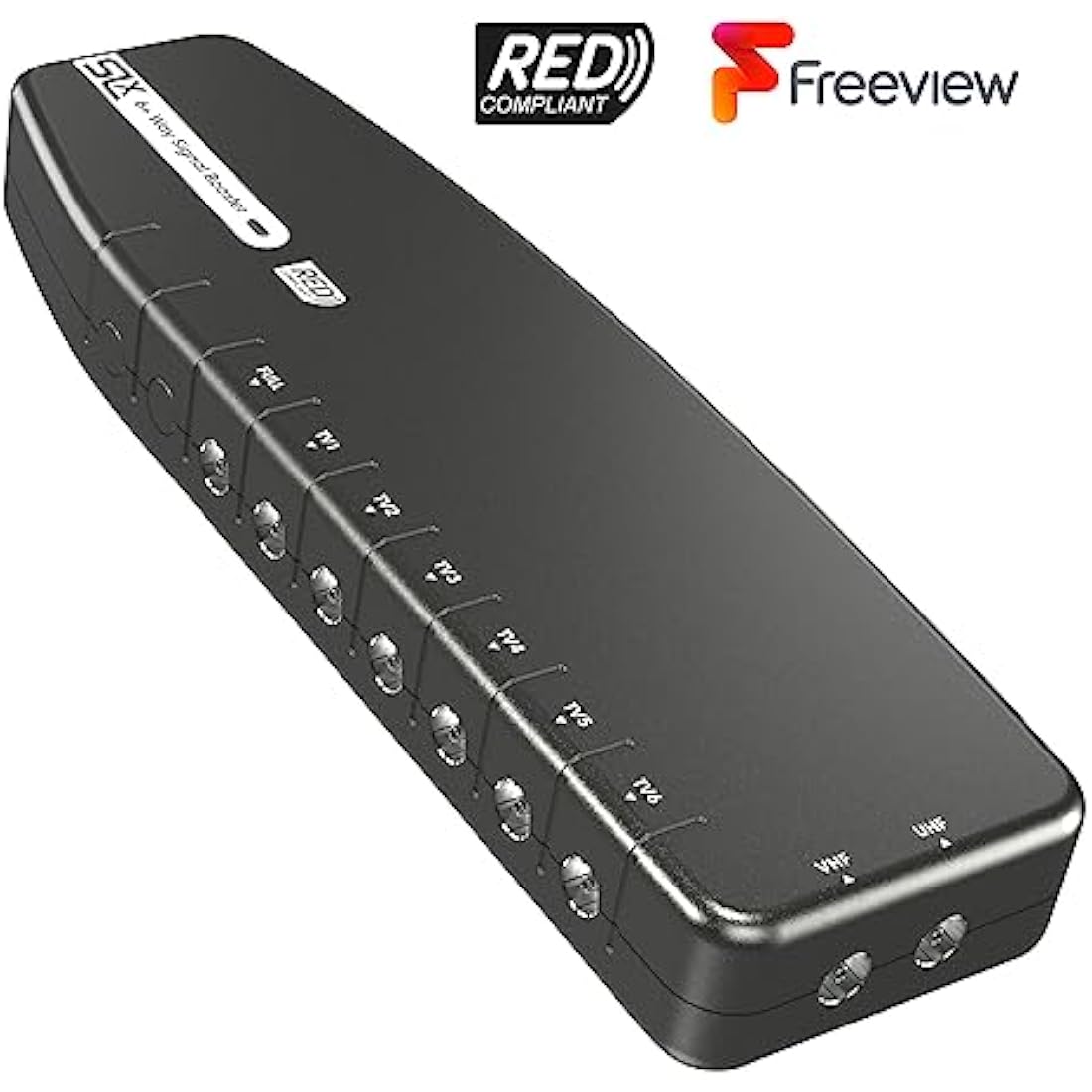 SLx TV Signal Booster Aerial Amplifier, 6 Way Signal Distribution Amplifier with Coax Connections, 4G & 5G Filtering, Indoor TV Aerial, HD & 4K TV/FM/DAB & Freeview, Variable Gain Control