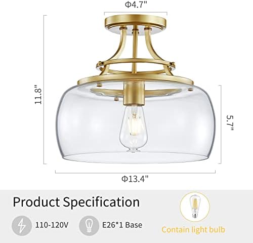 WUZUPS Chandelier Rustic Farmhouse Industrial Round Semi-flushmount Ceiling LED Light Fixture with Clear Glass Shades for Bathroom Kitchen Foyer Entryway, H 30 x W 34, E27 Base, Gold