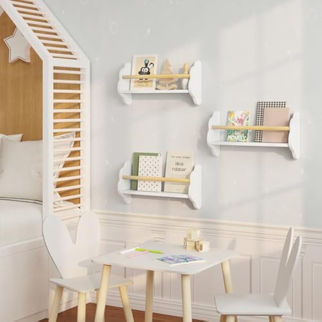 WOLTU Kids Wall Shelves Set of 3 Floating Shelves Kids Bookshelf, Children’s Bookcase Wall Mounted Book Storage Unit, Toy Organiser, Cloud Shape, White, 45x12.7x23cm