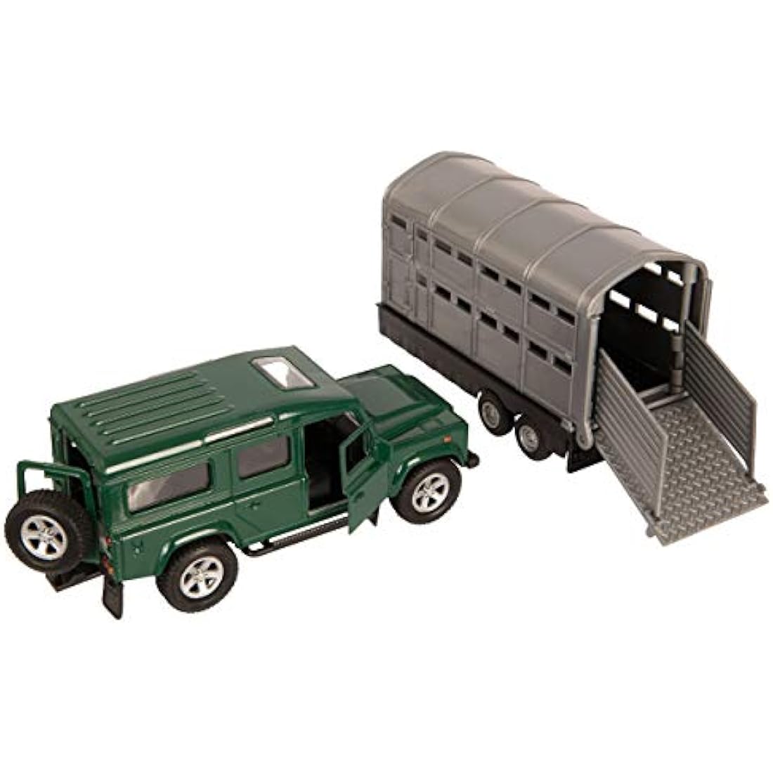 NEW 4X4 GREEN/ RED LAND ROVER CAR WITH SILVER LIVESTOCK TRAILER 1:43 SCALE TEAMSTERS