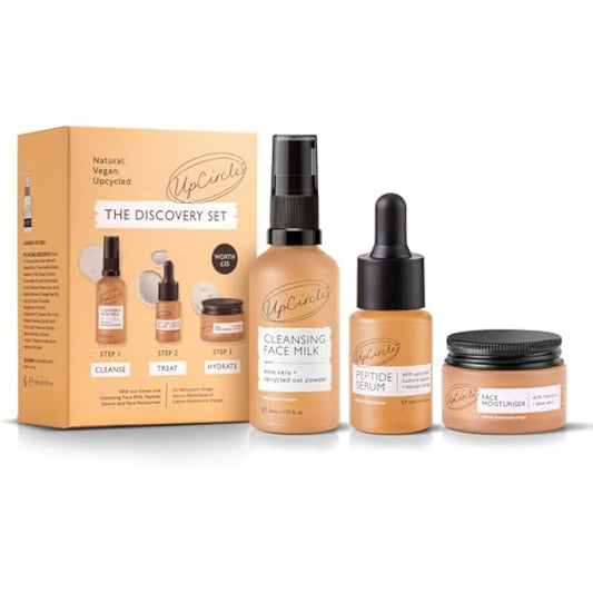 UpCircle Discovery Set – Cleansing Face Milk, Face Moisturiser and Peptide Serum Trio – Vitamin E, Niacinamide + Aloe Vera – Boosts Collagen, Hydrates + Soothes – Vegan + Cruelty-Free