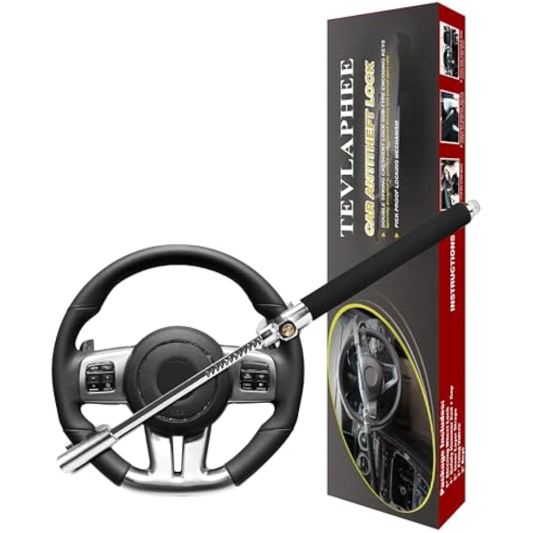 Tevlaphee Steering Wheel Lock, Steering Lock, Car Anti-Theft Device, Adjustable, Universal Fit, Heavy Duty Secure, 3 Keys, Emergency Hammer Window Breaker(Black)