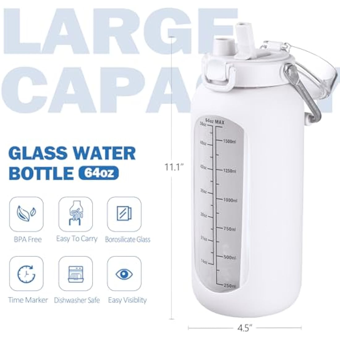 BLUEGO 2000ml Borosilicate Glass Water Bottle with Stainless Handle and Time Marker 2L Drinking Bottle with Silicone Sleeve and Straw for Gym Office Outdoor Sports Water Bottles BPA Free, White
