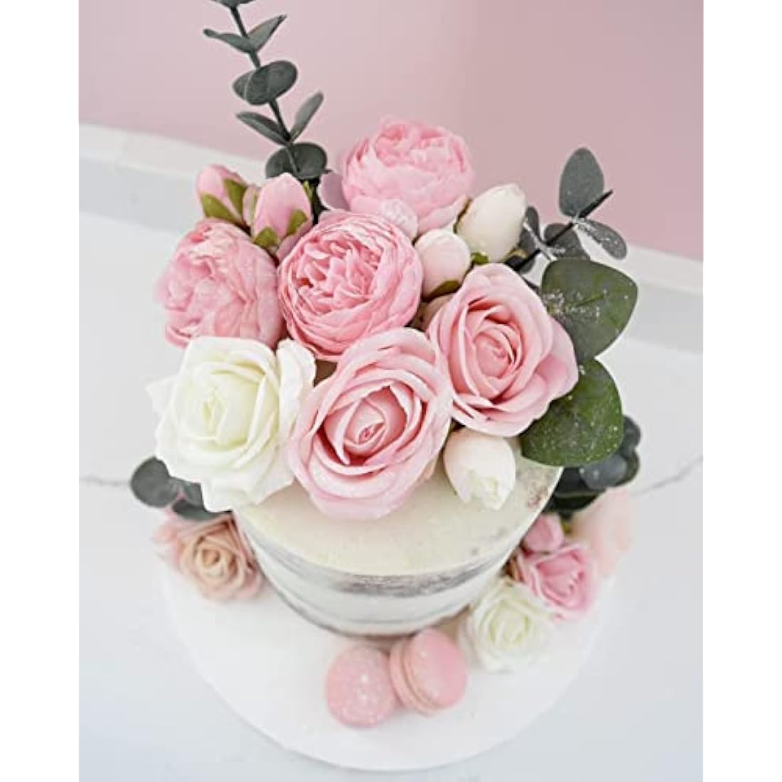The Baked Studio - Silk Peony and Tea Rose Artificial Bouquet 9 Heads Realistic Fake Plant for DIY Craft Cake Living Room Home Wedding Decoration (PINK)
