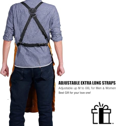 QeeLink Leather Welding Apron with Gloves for Men and Women, Work for Carpenter, Woodworker with 6 Pockets, Adjustable M to XXL