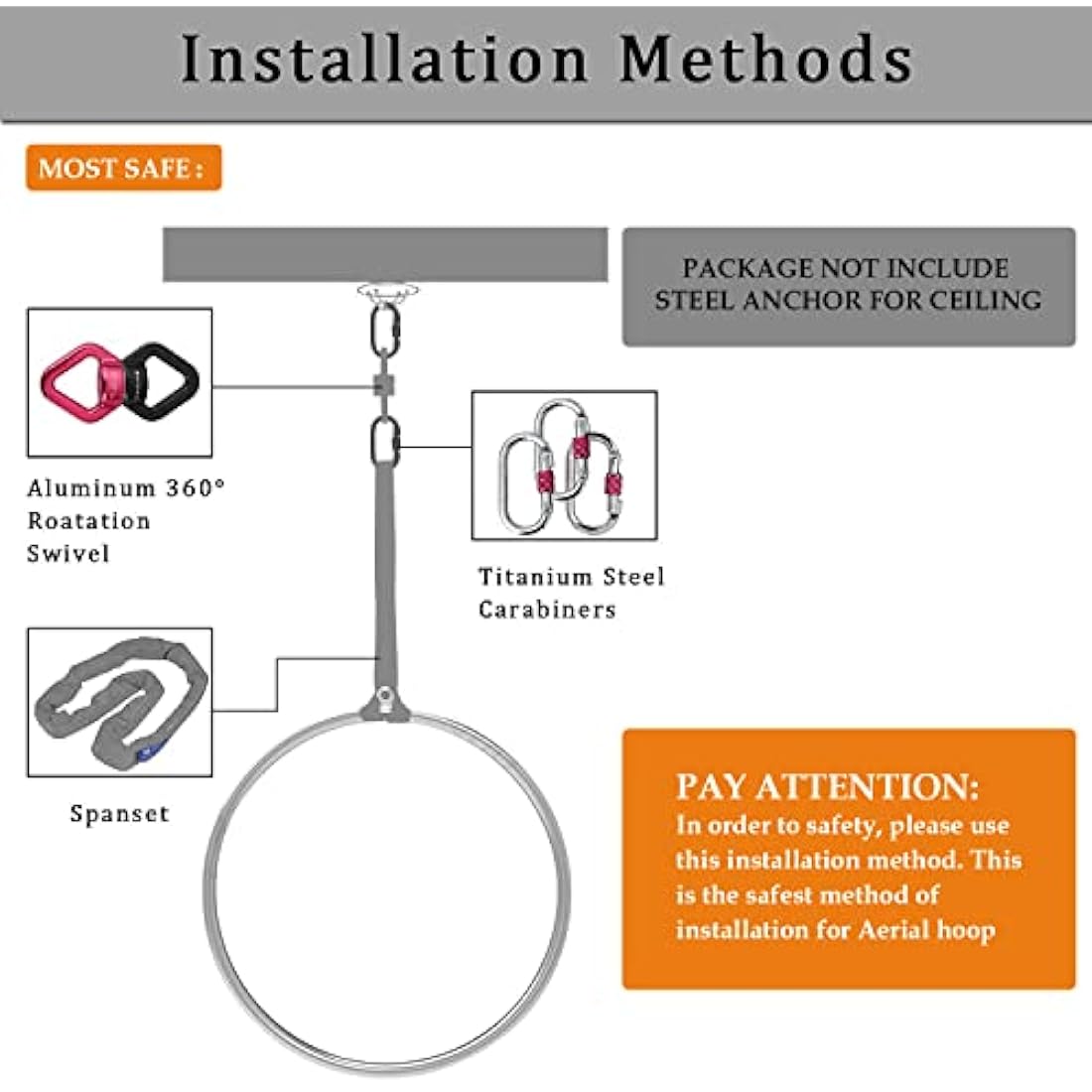 DASKING Aerial Hoop 85cm/90cm Lyra Hoop Set Fully Strength Tested 500LBS Single Point Circus Acrobatics Aerial Arts Fitness Equipment Dance Yoga Ring Hoops Kit With Accessories and Storage Bag