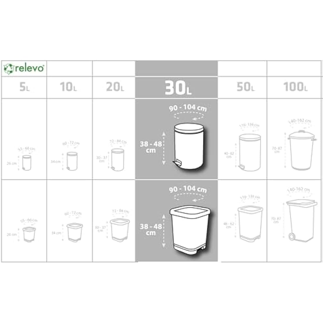 Relevo 30 Litre Bin Bags – Made from 100% Recycled Material. Green Bin Bags 30L – 55 cm x 60 cm. Includes 90 units of 30L Bin Liners with Drawstrings.