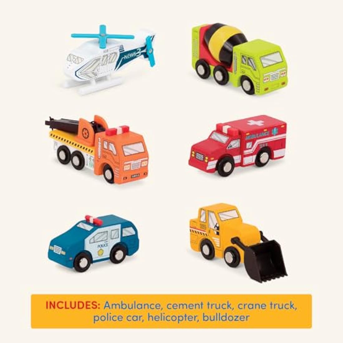 Battat – Wood Cars For Kids – 6 Pieces Toy Vehicle Set – Mini Rescue & Construction Vehicles – Toddler Truck Toys – 3+ Years– Wooden Vehicles Set 1