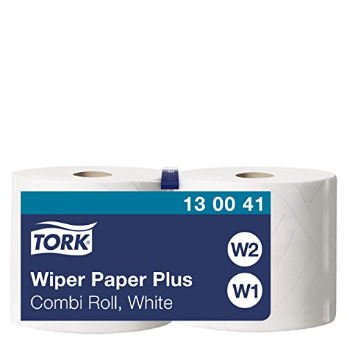 Tork 130041 Wiping Paper Plus Combi Roll / Wiping Paper Rolls Suitable for W1 and W2 Wipers System Dispensers / Extra Strong Paper Towel Roll / White / 2 x 255m / Ø 26.2cm