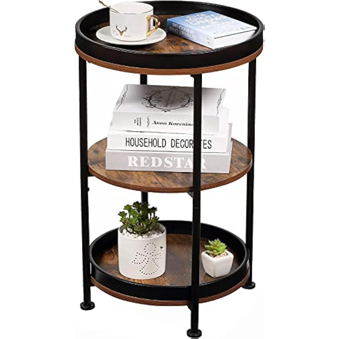 YEAKOO Industrial Nordic End Table, 3-Tier Round Side Table with Storage Shelf Edge Protection Tray, Sturdy Metal Frame Coffee Table Bedside Table for Living Room Bedroom Small Spaces/Rustic Brown