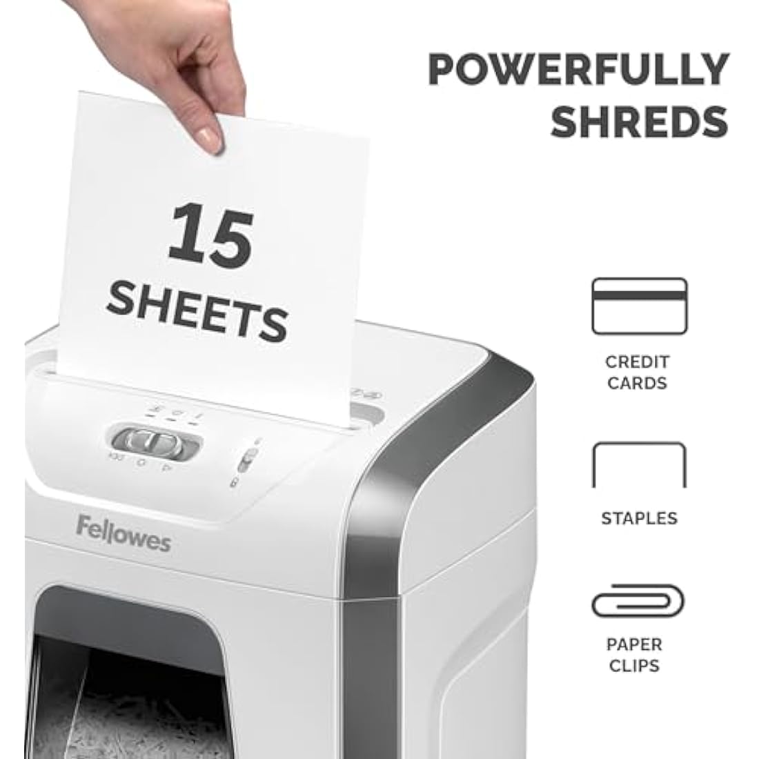 Fellowes Paper Shredder for Home Office Use - 15 Sheet Cross Cut Paper Shredder for Deskside Use - Powershred 15C Home Shredder with 19L Pull-Out Bin - High Security P4 - White