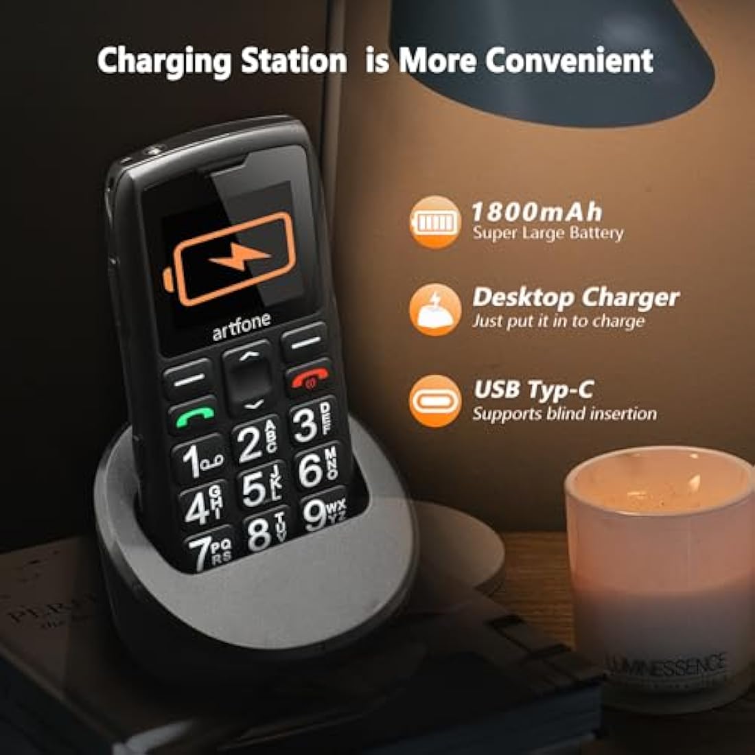 artfone C1+ 4G Big Button Mobile Phone for Seniors | SIM Free Unlocked | Easy-to-Use Basic Phone with Charging Dock, SOS Button & USB-C | Loud Volume | Black