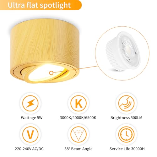 GeyouLux Dimmable LED Adjustable Projection Spotlight, 5 W Ceiling Spotlights, Diameter 80 x 50 mm, 3000 K/4000 K/6500 K, 30 Rotation Bathroom