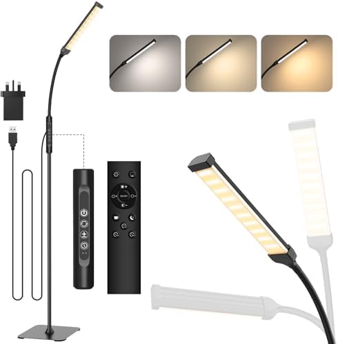 Mojimdo LED Floor Lamp with Remote, Touch Control Bright Floor Lamps, Dimmable 3 Color Modes&10 Brightness Standing Lamp, Gooseneck Reading Lamp for Living Room Bedroom Office-USB Adapter Included