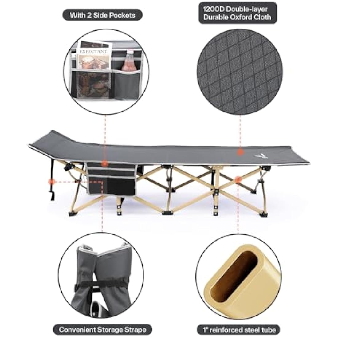 Sportneer Camp Beds for Adults with 1.5" Thick Mattress, Camping Bed 74 * 28" Extra Wide Support 450lbs for AdultsTravel Fishing Picnic Outdoor