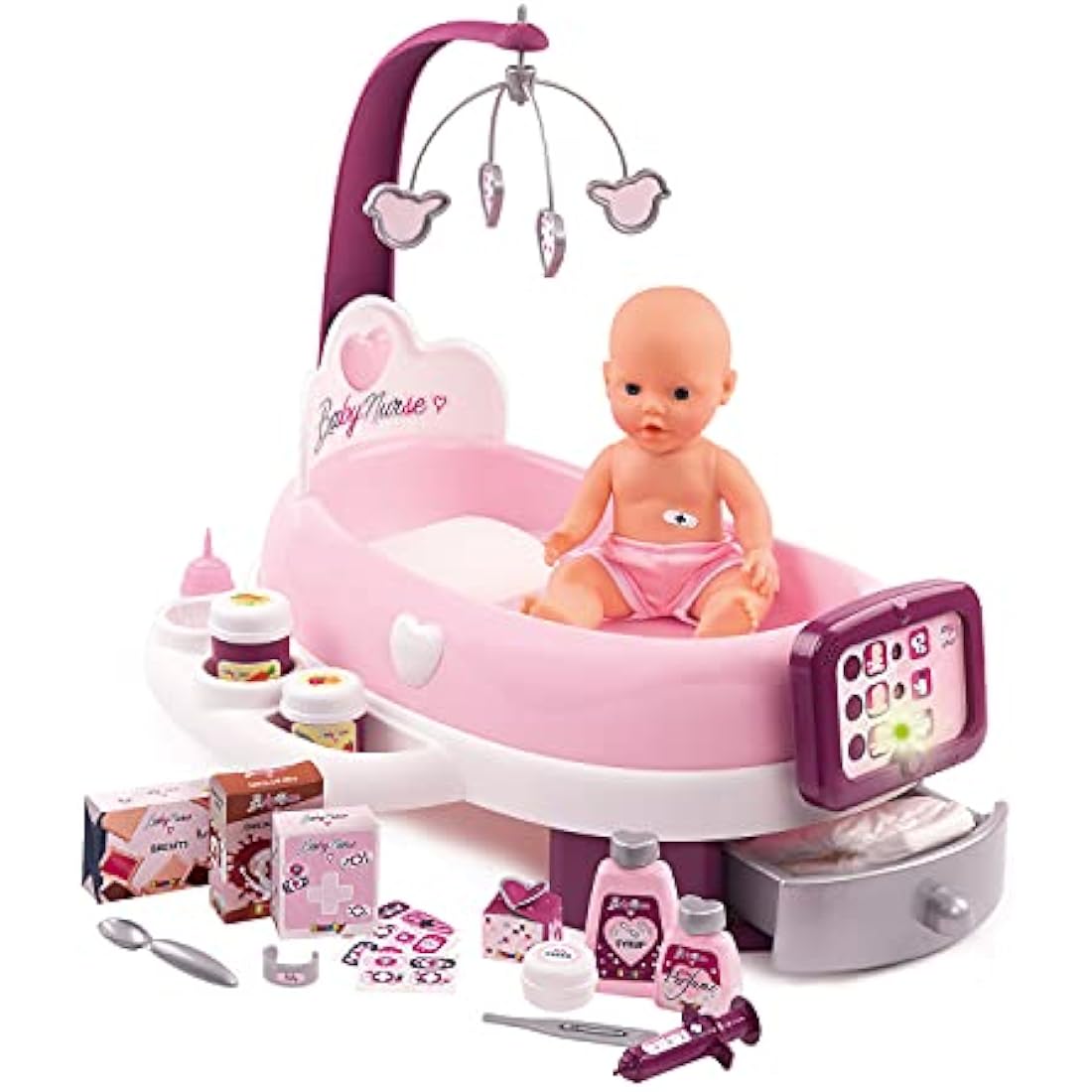 Smoby - Baby Nurse - Electronic Nursery - for Dolls and Dolls - 24 Accessories + 1 Doll Pee Function - 220347, Pink