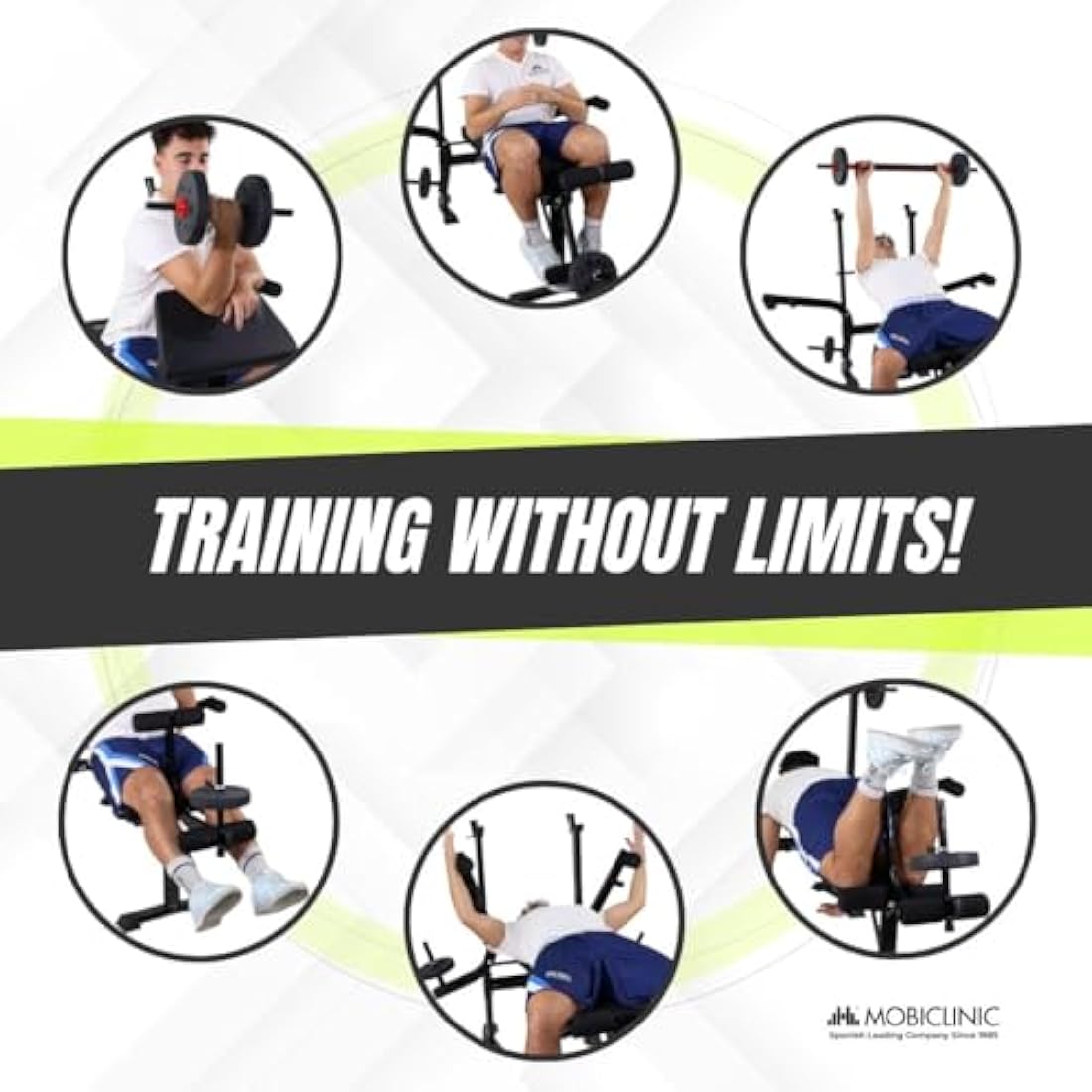 Mobiclinic® Fitness Gym Bench Multi-Function Pressfit, Adjustable, Foldable, Steel, Supports Up to 250 kg, Bar Support, Ideal for Strength Exercises at Home