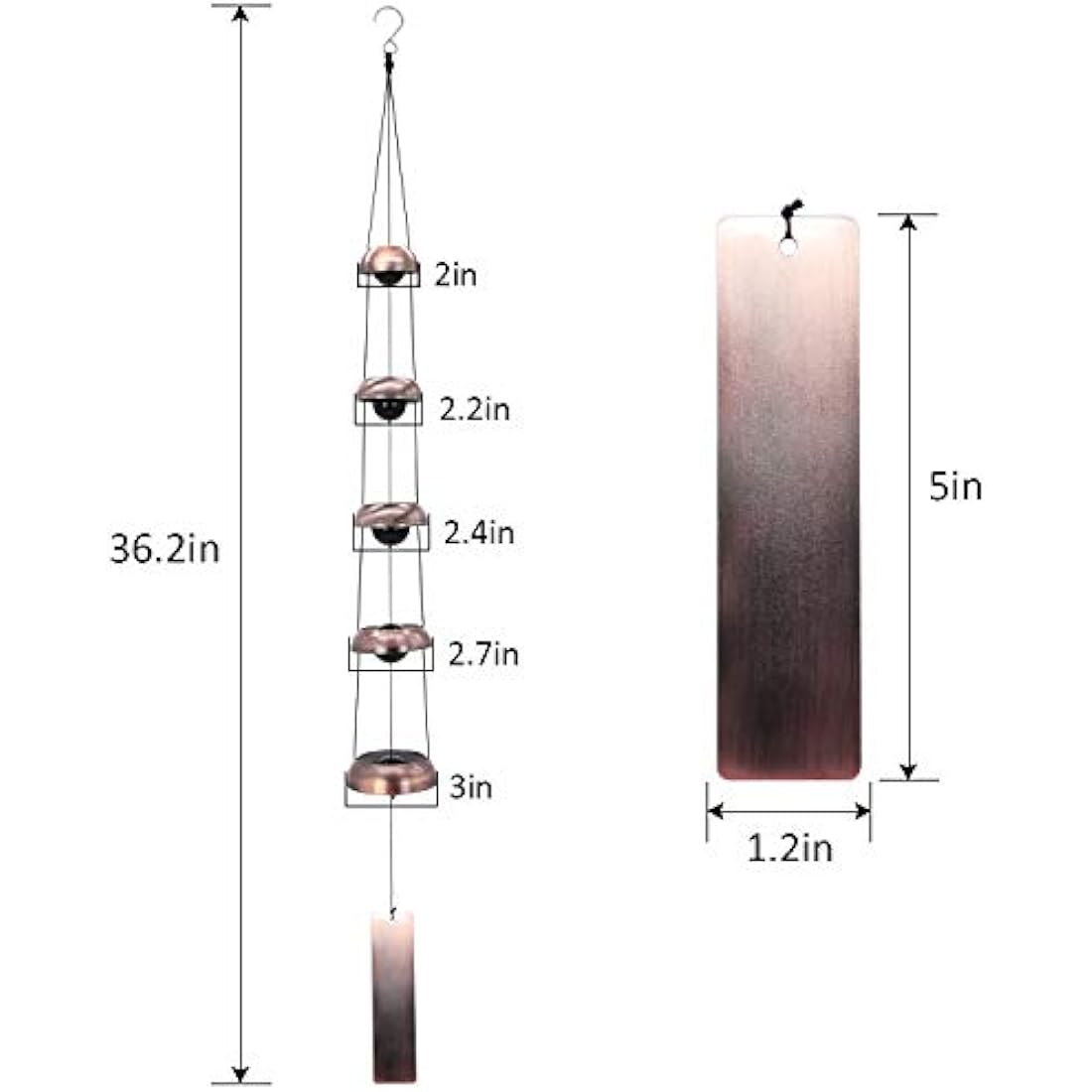 Temple Red Copper Wind Chimes, 3 Bells - Feng Shui Chimes for Garden Outdoor and Porch
