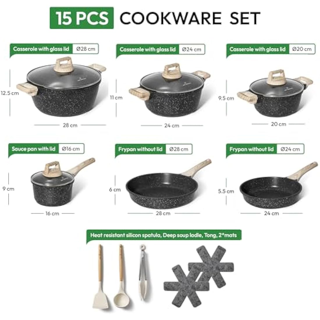 Just Perfecto Pots and Pans Sets Non Stick, Induction Hob Pan Set of 15 pcs, Saucepan Set, Non Stick Frying Pan Set with Lid Stock Pot, Deep Frying Pan, Pots and Pans Set Hob Granite Cookware Set