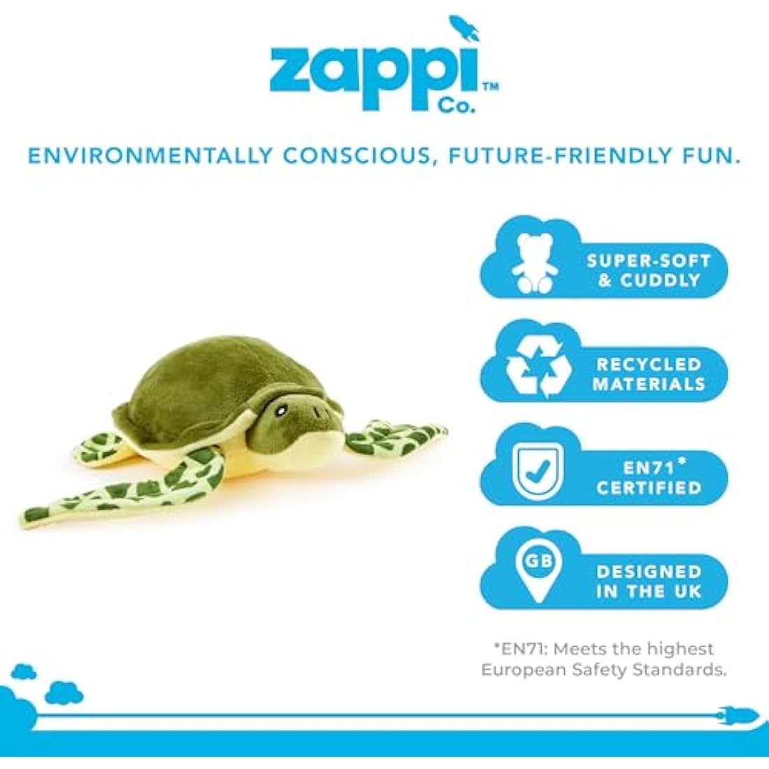Zappi Co 100% Recycled Plush Green Sea Turtle Toy (30cm Width) Stuffed Soft Cuddly Eco Friendly animals Collection For New Born Child First kid