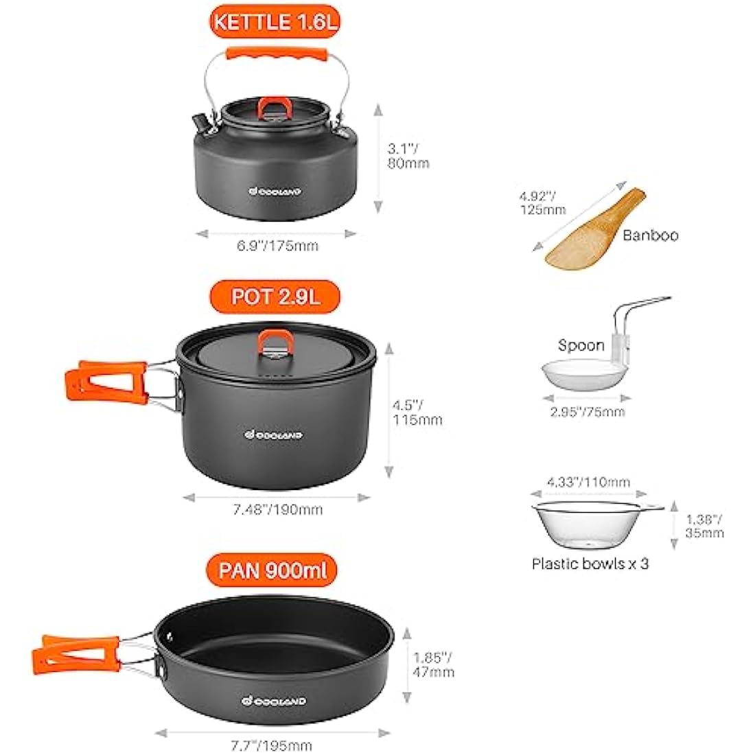 Odoland Camping Cookware Set, Cooking Utensils with Camping Pot, Camping Frying Pan and Teapots for Outdoor Cooking Hiking Travelling for 2-3 People