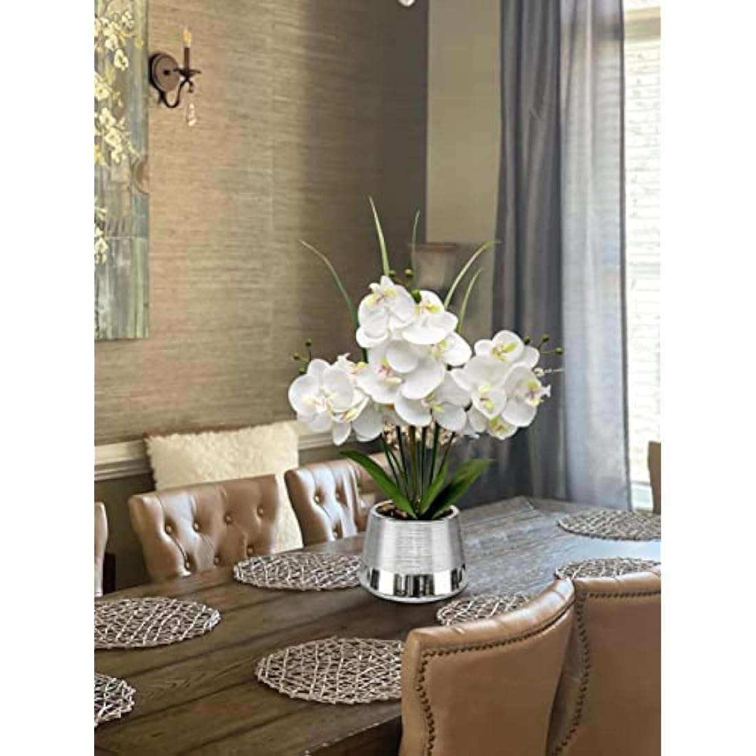 Oairse 40cm Artificial Orchid Flowers White Artificial Flower in Silver Ceramic Pots Real Touch Silk Phalaenopsis with 14 Flowers Fake Orchids Plant for Home Kitchen Bathroom Table Centerpiece Decor