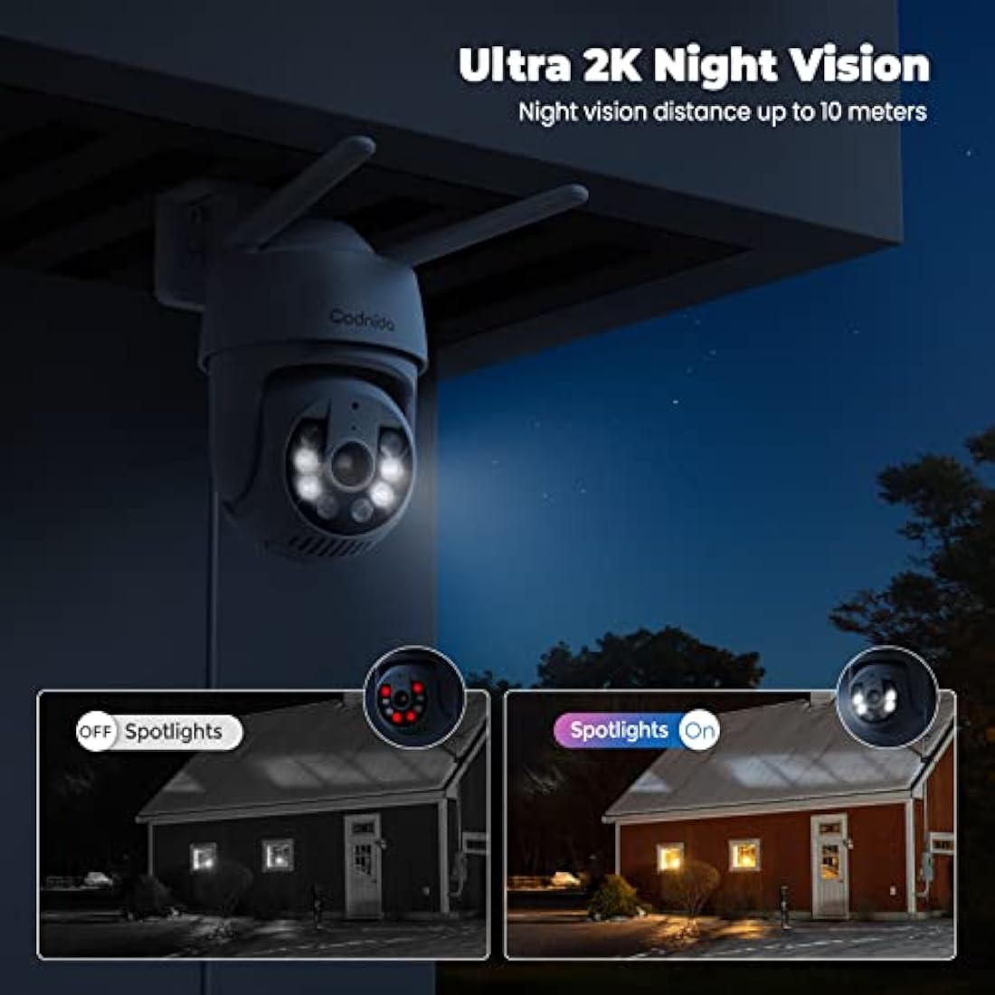 Codnida 2K Security Camera Outdoor, 360° PTZ WiFi Camera, CCTV Camera with 24/7 Recording, PIR Human Detection, Sound and Light Alarm, Support 16-128G SD Card, Works with Alexa