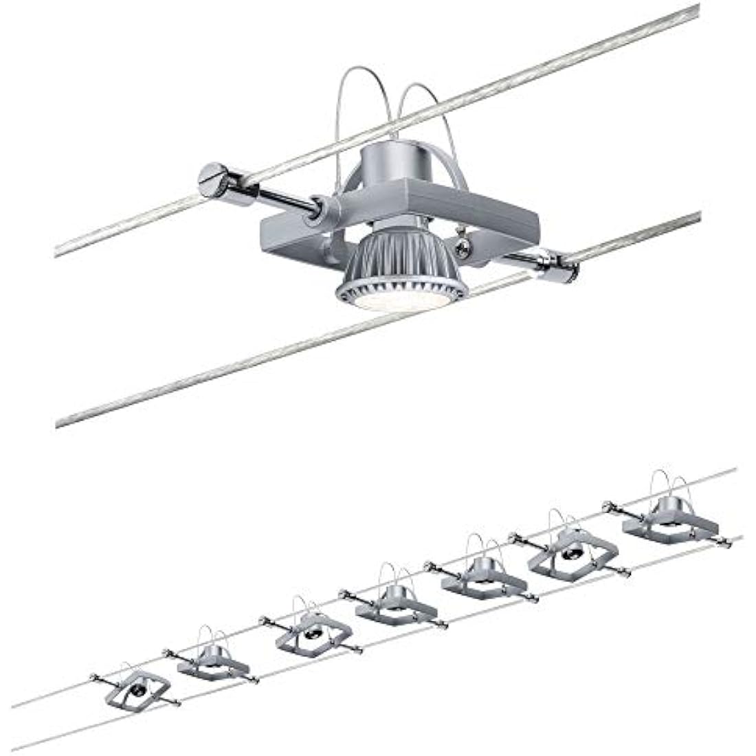 Paulmann 94152 Cable Lighting System – Mac II Set Ceiling Light Metal Wire System for GU5.3 LED Lamps - Suitable for Max 7 x 10 Watt Bulbs, Comes Without Bulbs - Matt Chrome