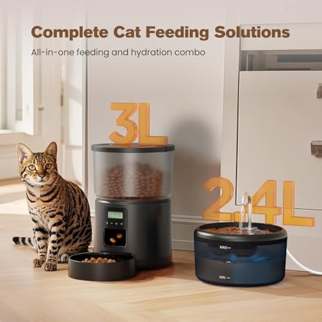 Automatic Cat Feeder and Water Fountain: Cat Food Dispenser with Timer and Pet Drinking Fountain Indoor, 3L Pet Feeder for Dry Food &2.4L Faucet Water Fountain Black, Auto Dog Bowl Programmable 6 Meal