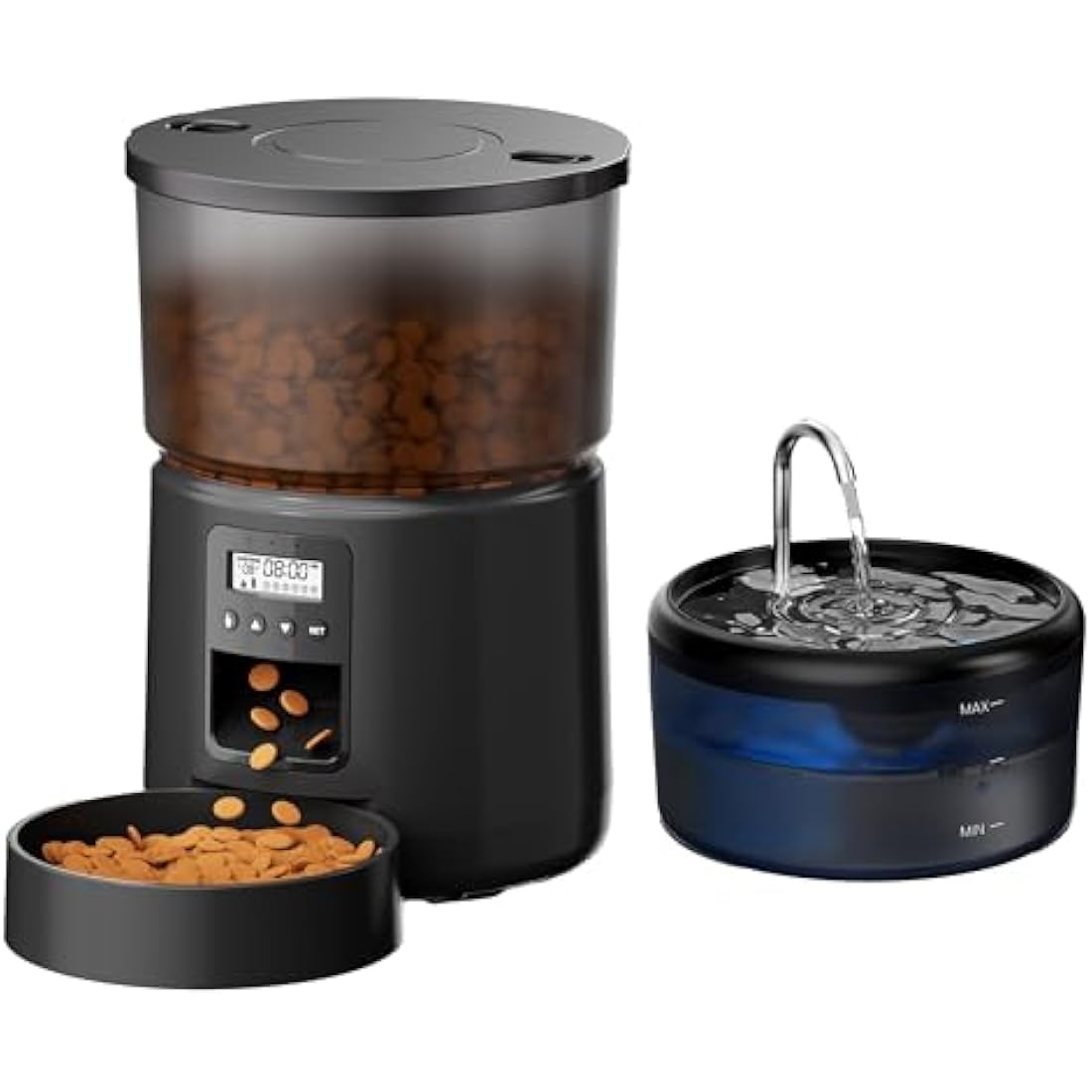Automatic Cat Feeder and Water Fountain: Cat Food Dispenser with Timer and Pet Drinking Fountain Indoor, 3L Pet Feeder for Dry Food &2.4L Faucet Water Fountain Black, Auto Dog Bowl Programmable 6 Meal
