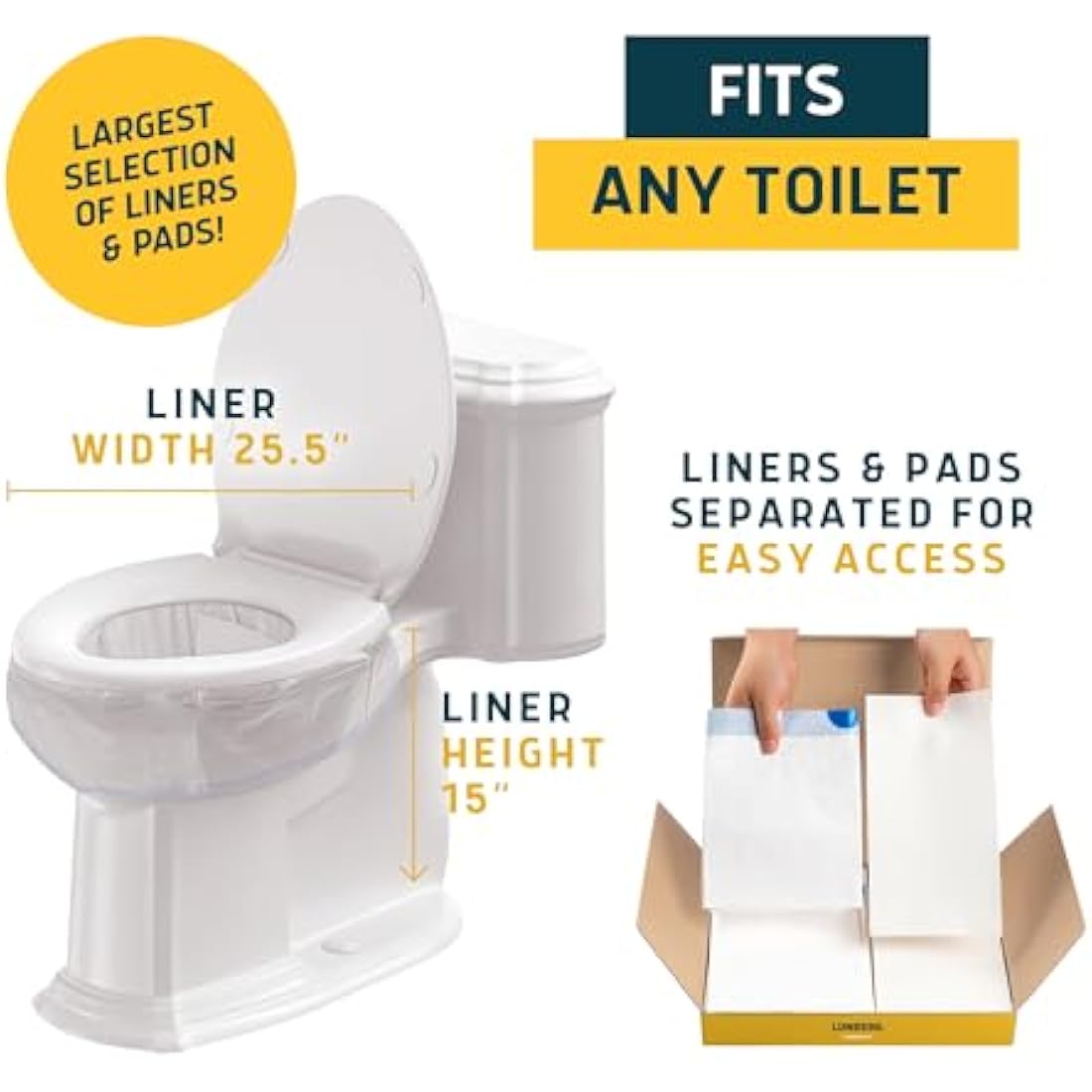 Lunderg Toilet Liners with Lemon Scented Super Absorbent Pads - Value Pack 50 Count Universal Fit - Disposable Toilet Bags - Convert any Home, Boat or Camping WC into a Dry Flush - Emergency must have