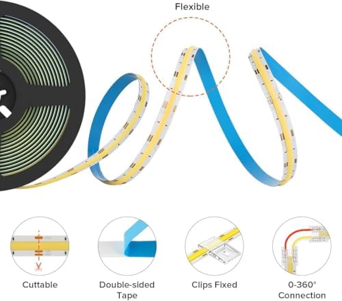 BTF-LIGHTING FCOB COB FOB Flexible High Density CCT LED Strip 2x5M 640LEDs/m DC24V 14W/M Tunable 3000K-6000K CRI＞90 Dimmable deformable LED Strip Light for DIY Interior Decoration(Strip only)