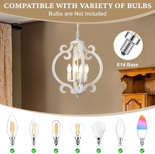 LynPon 4 Lights White Farmhouse Chandelier Ceiling Light Rustic French Light Fittings Ceilings Hanging, Antique Vintage Wood Pendant Light for Dining Room Kitchen Living Room Bedroom Hallway