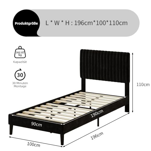 HOMBCK Single Bed Frame, 90 x 190 cm, Upholstered Bed with Velvet Headboard, Adjustable Height, Wooden Slat Support, No Box Spring Needed, Black