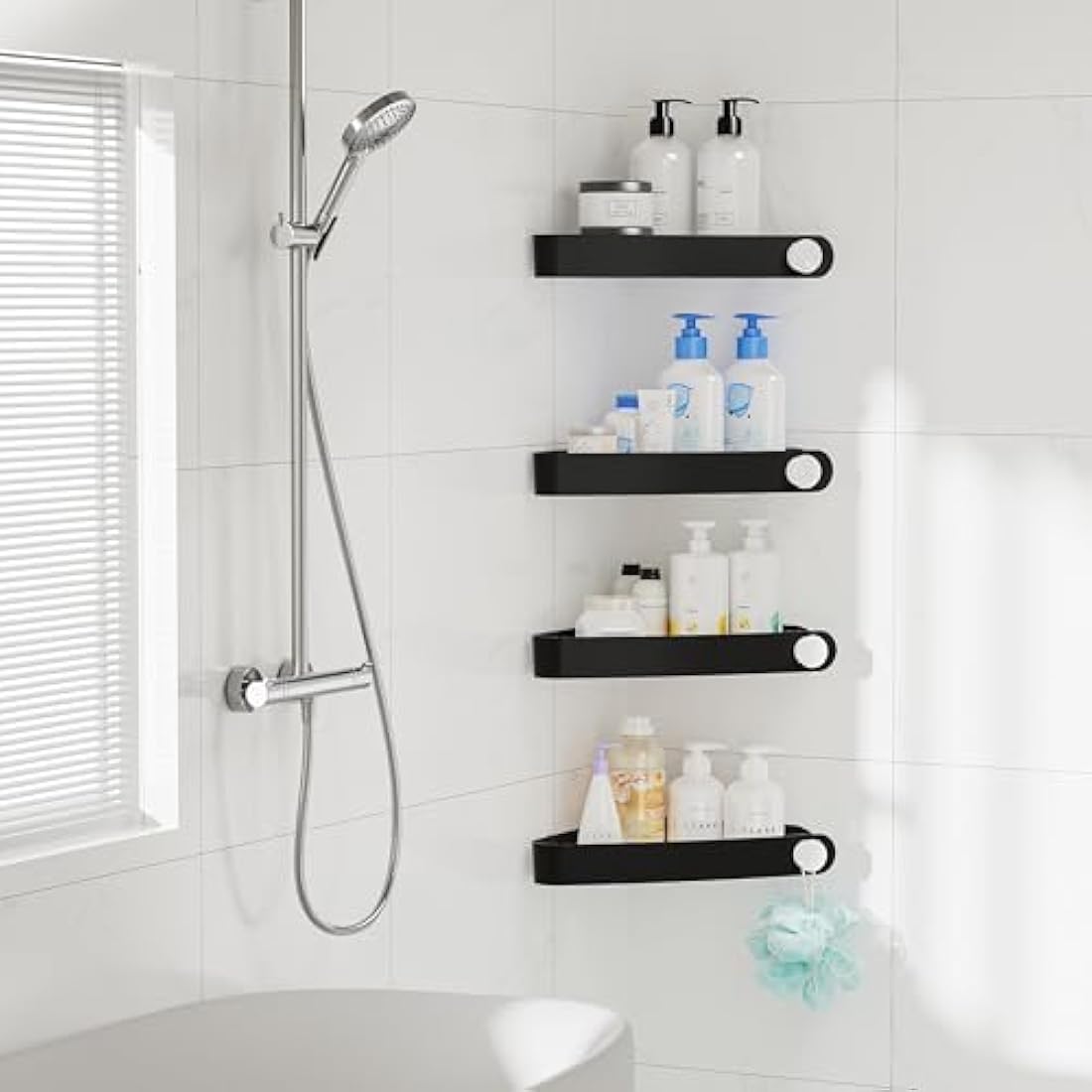 Sotfamily 4 Packs Black Shower Caddy, No Drilling Shower Corner Shelf with Adhesive Pad, Rust Free Plastic Shower Storage for Bathroom, Kitchen, Toilet