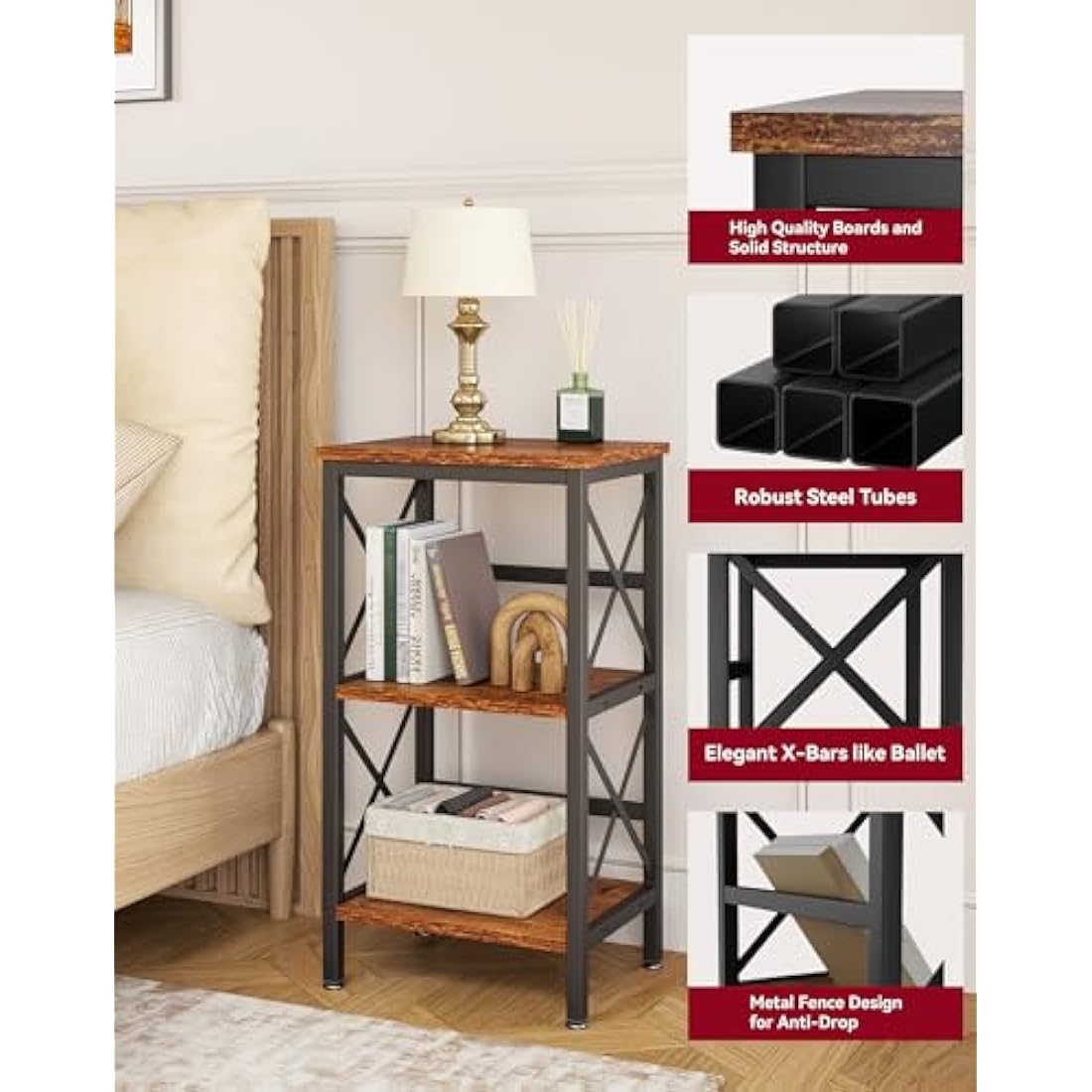 YMYNY Bookcase, 3 Tier Storage Rack, Plant Rack, Storage Microwave Shelf with Steel Frame, for Living Room, Kitchen, Office, Study Hall, Industrial Style, 40×29×75CM Rustic Brown and Black HST008H