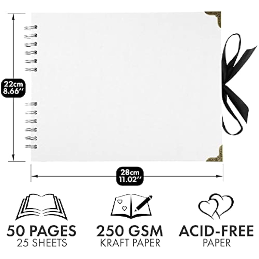Bstorify Square Scrapbook Photo Albums 50 Pages (28 x 22 cm) White Thick Paper, Hardcover, Metal Corners, Ribbon Closure - Ideal for Your Scrapbooking Albums, Art & Craft Projects (White, 28 x 22 Cm)