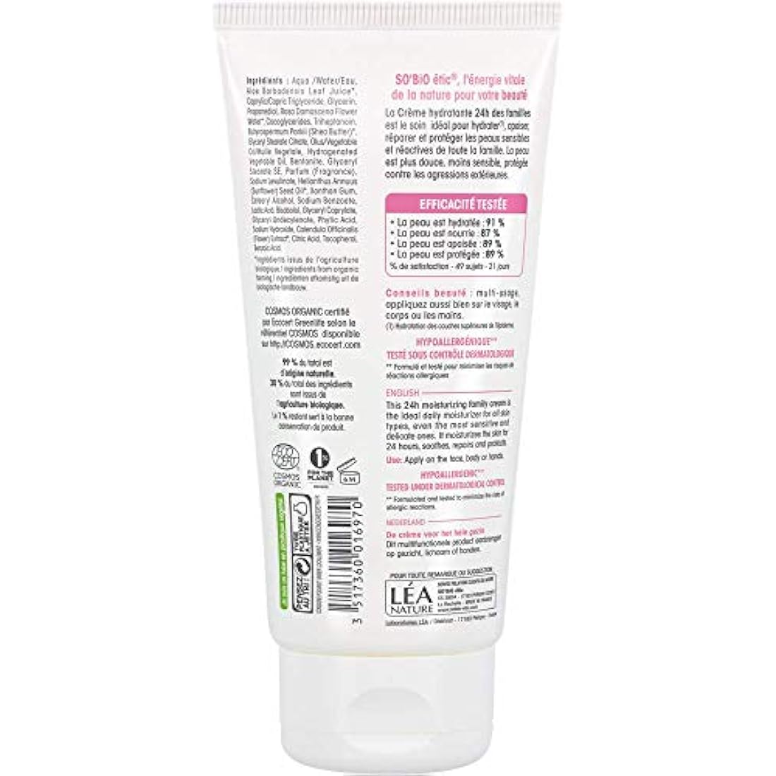SO'BiO étic Hydra Aloe Vera 24 Hours Hypoallergenic Sensitive and Reactive Skin Cosmebio Moisturizing Family Cream, 100 ml