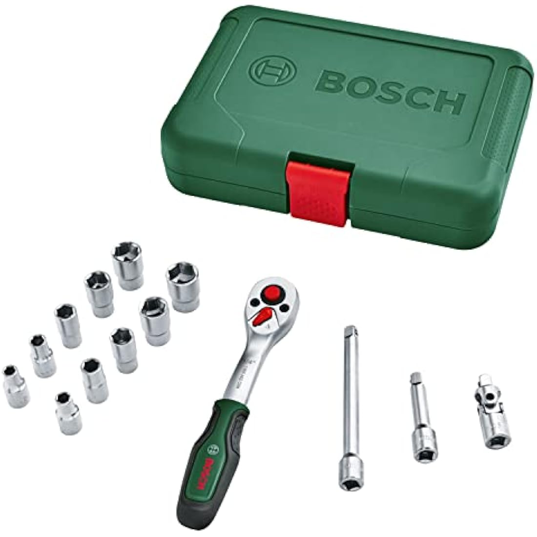 Bosch Ratchets / 1/4" Drive Socket Set 14-Piece (High-Quality, Versatile Drive Socket Set for Multiple DIY Tasks; Ergonomic, Soft Grip Handle; Magnetic Bits Holder)
