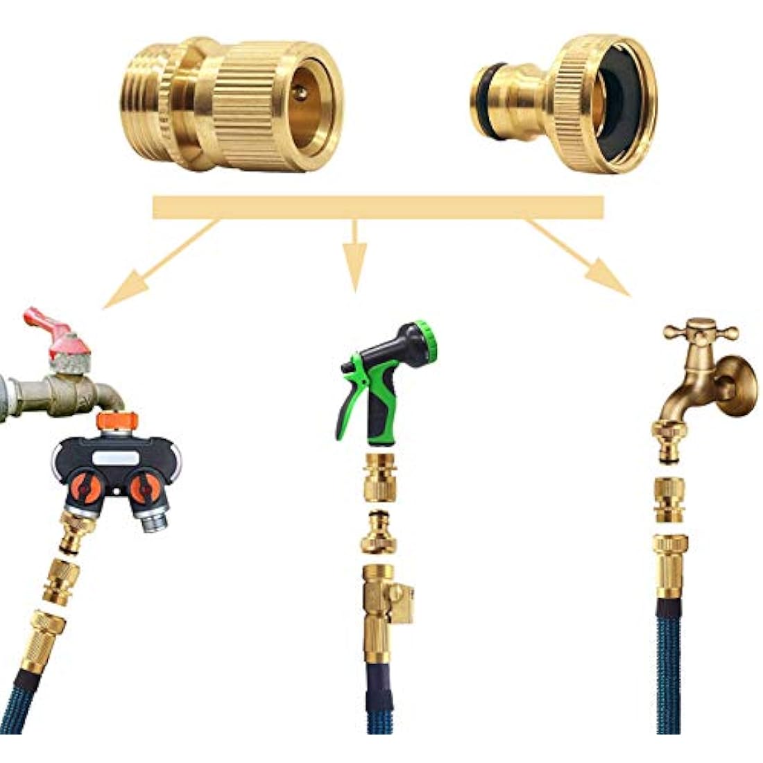 Tesmotor Garden Hose End Brass No-Leak Connector Fitting, Water Hose 3/4 inch Female and Male Quick Connector Adapter（1 pair）