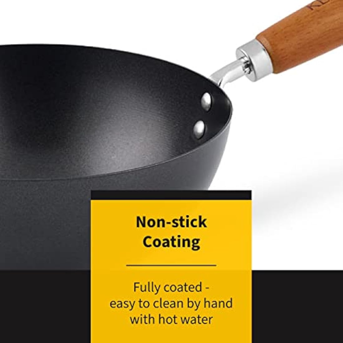 Ken Hom Carbon Steel Wok, 31cm, Classic, Non-Induction/Wooden Handle/Flat Base Pan, Includes 1 x Chinese Wok Pan, KH331001