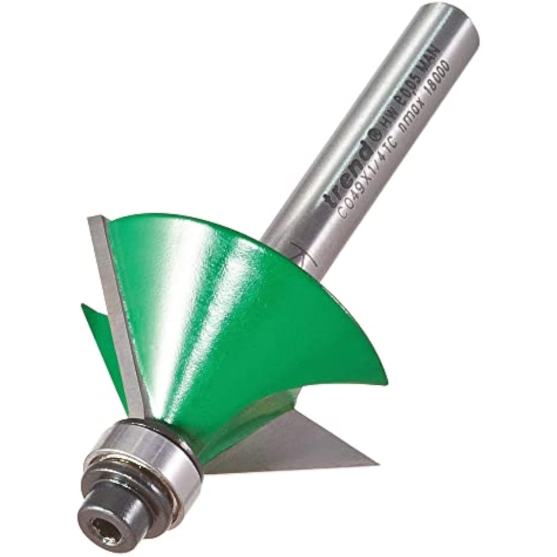Trend CraftPro Two Flute Self Guided Chamfer Router Cutter Bit, 1/4 Inch Shank, 12.7mm Cut Diameter & 45 Degree V Groove, Tungsten Carbide Tipped, C049X1/4TC